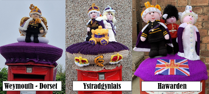 King Charles III & Camilla Queen Consort Postbox Toppers - Knitting Pattern by Elaine https://ecdesigns.co.uk
