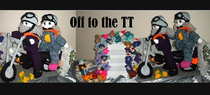 Motorcycle of to the TT races in the IOM Knitter Jean Tucker Knitting Pattern by elaine ecdesigns