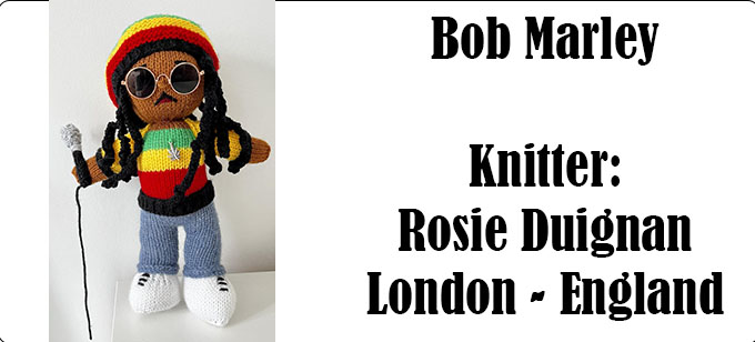 Bob Marley - Knitter Rosie Duignan, London, England - Knitting Pattern by Elaine https://ecdesigns.co.uk