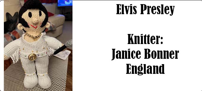 Elvis Presley Knitter Janice Bonner, Knitting Pattern Design by Elaine https://ecdesigns.co.uk