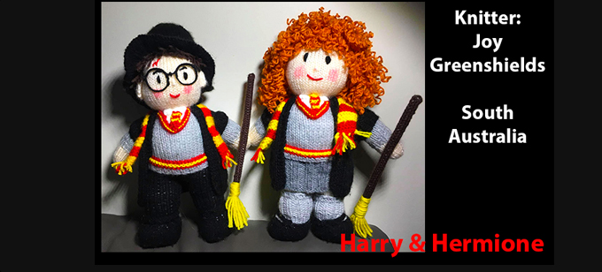 Harry & Hermione Knitter Joy Greenshields Knittingh Pattern by elaine ecdesigns