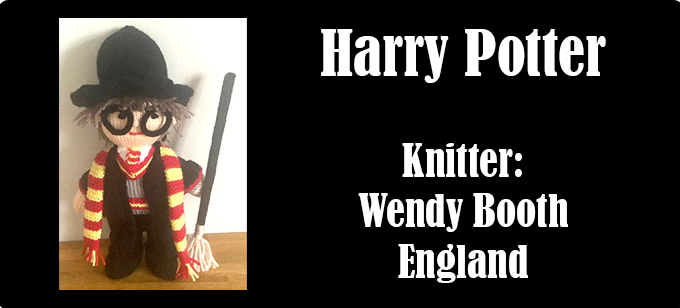 Harry Potter, knitting pattern by elaine ecdesigns, knitter Wendy Booth England