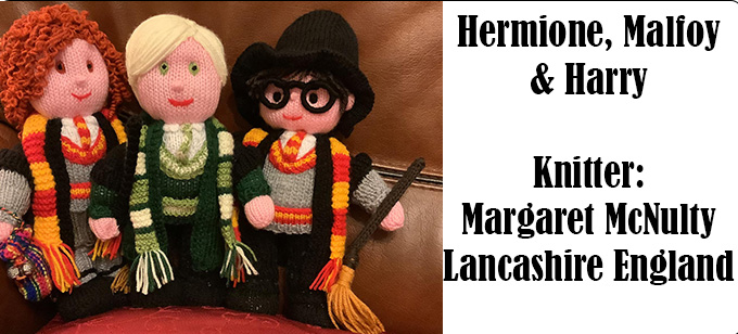  Hermione, Malfoy & Harry, knitter Margaret McNulty England Knitting Pattern by Elaine ecdesigns