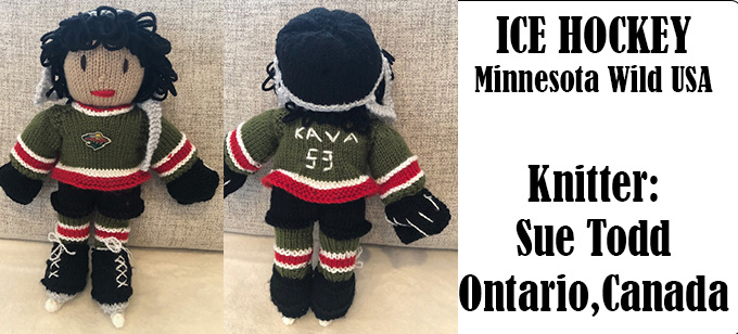 Ice Hockey Player Minnesota Wild USA Knitting by Sue Todd Canada. Pattern adapted from the Knitting Pattern Belfast Giants by Elaine https://ecdesigns.co.uk