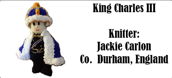 King Charles III Knitter Jackie Carlon, Pattern Design by Elaine https://ecdesigns.co.uk