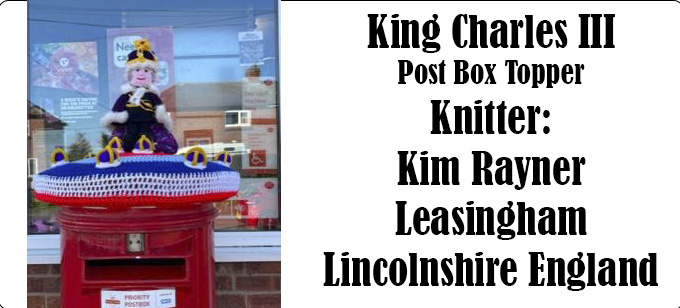 King Charles III Knitter Kim Rayner - Post Box Topper  Knitting Pattern by Elaine https://ecdesigns.co.uk