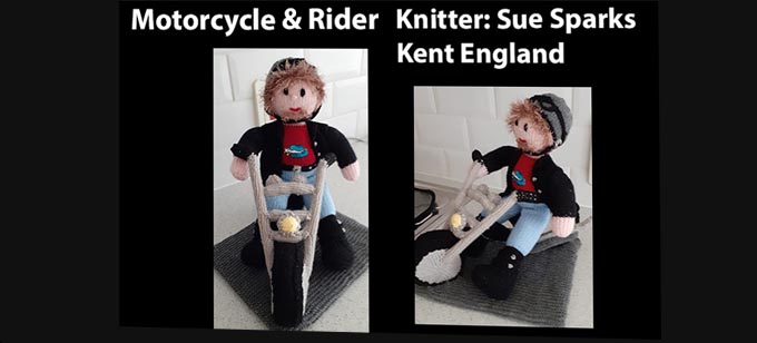 Motorcycle Knitter Sue Sparks Knitting Pattern by elaine ecdesigns