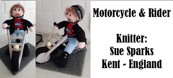 Motorcycle & Rider - Knitter Sue Sparks Kent - England and knitting pattern by Elaine https://ecdesigns.co.uk