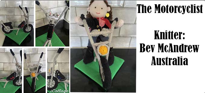 Motorcycle & Rider knitter Bev McAndrews Australia  - Knitting Pattern by Elaine https://ecdesigns.co.uk
