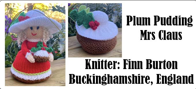 Plum Pudding Mrs Claus Knitter Finn Burton - Knitting Pattern by Elaine https://ecdesigns.co.uk