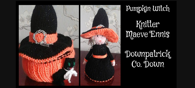 Pumpkin witch Knitter Maeve Ennis Knitting Pattern by elaine ecdesigns