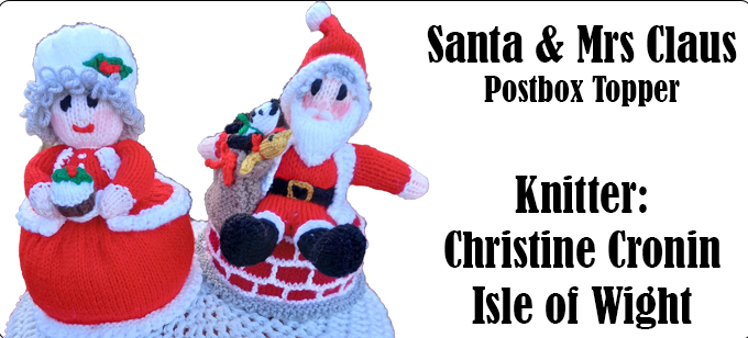 Santa & Mrs Claus - Postbox Topper, Knitter Christine Cronin and knitting pattern by Elaine https://ecdesigns.co.uk