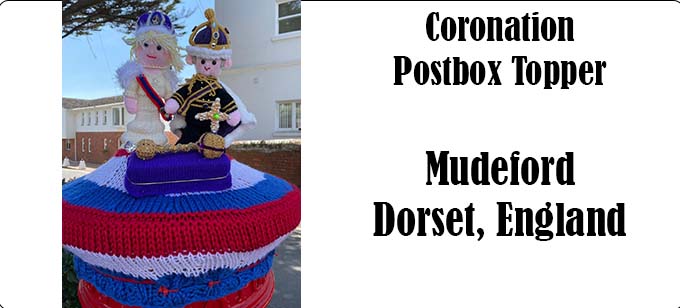 King Charles III & Camilla Queen Consort - Post Box Topper in Mudeford Dorset Knitting Pattern by Elaine https://ecdesigns.co.uk