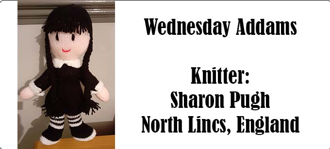Wednesday Addams Knitter Sharon Pugh - Knitting Pattern by Elaine https://ecdesigns.co.uk