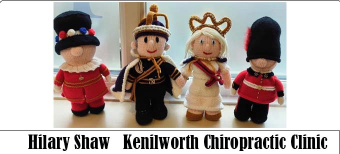 King Charles III Coronation Display at Kenilworth Chiropractic Clinic - Knitter Hilary Shaw - Knitting Pattern by Elaine https://ecdesigns.co.uk