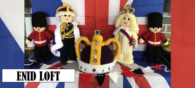 King Charles III & Camilla Queen Consort - Church Hall Display - Knitter Enid Loft - Knitting Pattern by Elaine https://ecdesigns.co.uk