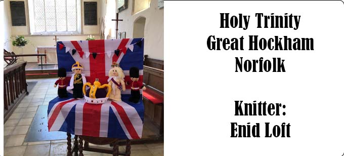 King Charles III Coronation Church Display Holy Trinity, Great Hockham, Norfolk - Knitting Pattern by Elaine https://ecdesigns.co.uk