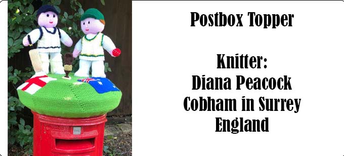 Cricket Postbox Topper Knitter Diana Peacock Surrey England Knitting Pattern by Elaine https://ecdesigns.co.uk