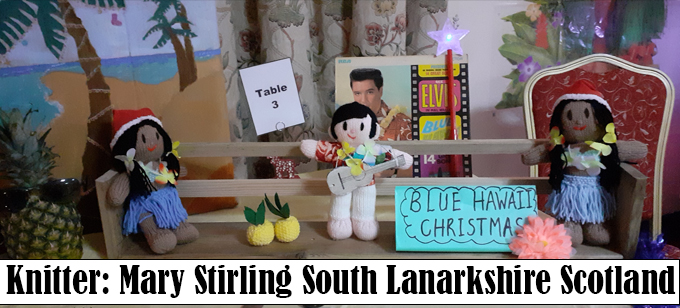 Blue Hawaii Elvis Knitter Mary Stirling  - Scotland - Elvis Presley Knitting Pattern by Elaine https://ecdesigns.co.uk
