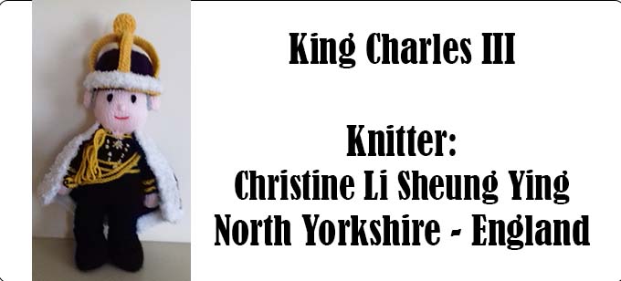 King Charles III Knitter Christine Li Sheung Ying and knitting pattern by Elaine https://ecdesigns.co.uk