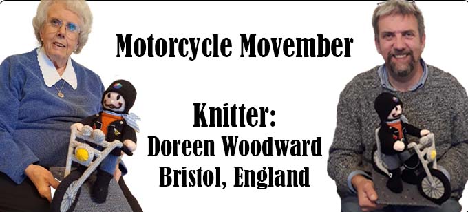 Motorcycle for Movember 2022 Knitter Doreen Woodward Knitting Pattern by Elaine https://ecdesigns.co.uk