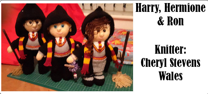 Harry, Hermione & Ron - knitter Cheryl Stevens-  Knitting Pattern by Elaine https://ecdesigns.co.uk