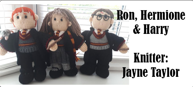 Ron, Hermione & Harry, knitter Jayne Taylors Knitting Pattern by Elaine https://ecdesigns.co.uk
