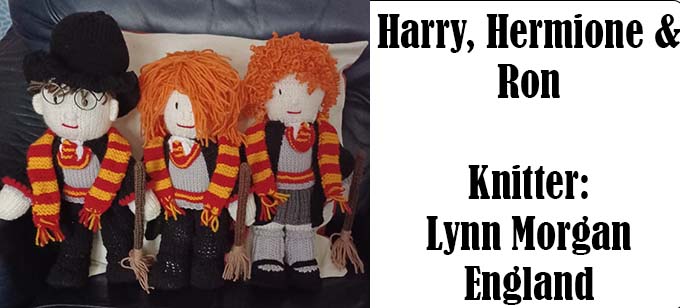 Harry, Hermione & Ron Knit by Lynn Halliday Morgan & Knitting Pattern by Elaine https://ecdesigns.co.uk
